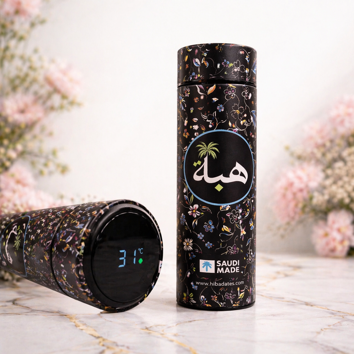 Rawdah Bloom Water Temperature Bottle – Premium Floral Islamic Gift (Dark Blue)
