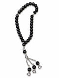 Premium Black Marble Tasbih with Silver Crescent Charms