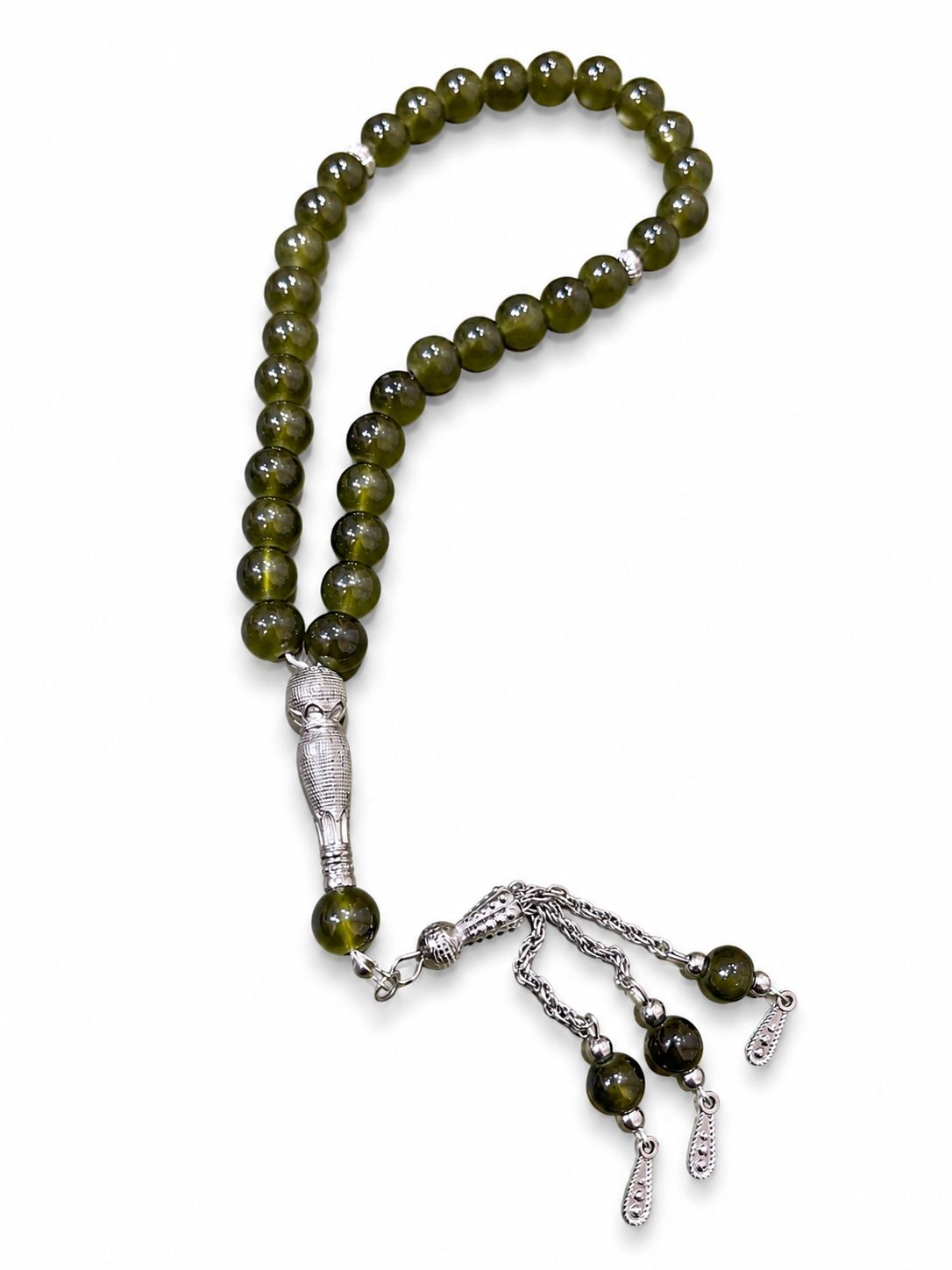 Premium Olive Green Marble Tasbih with Silver Accents